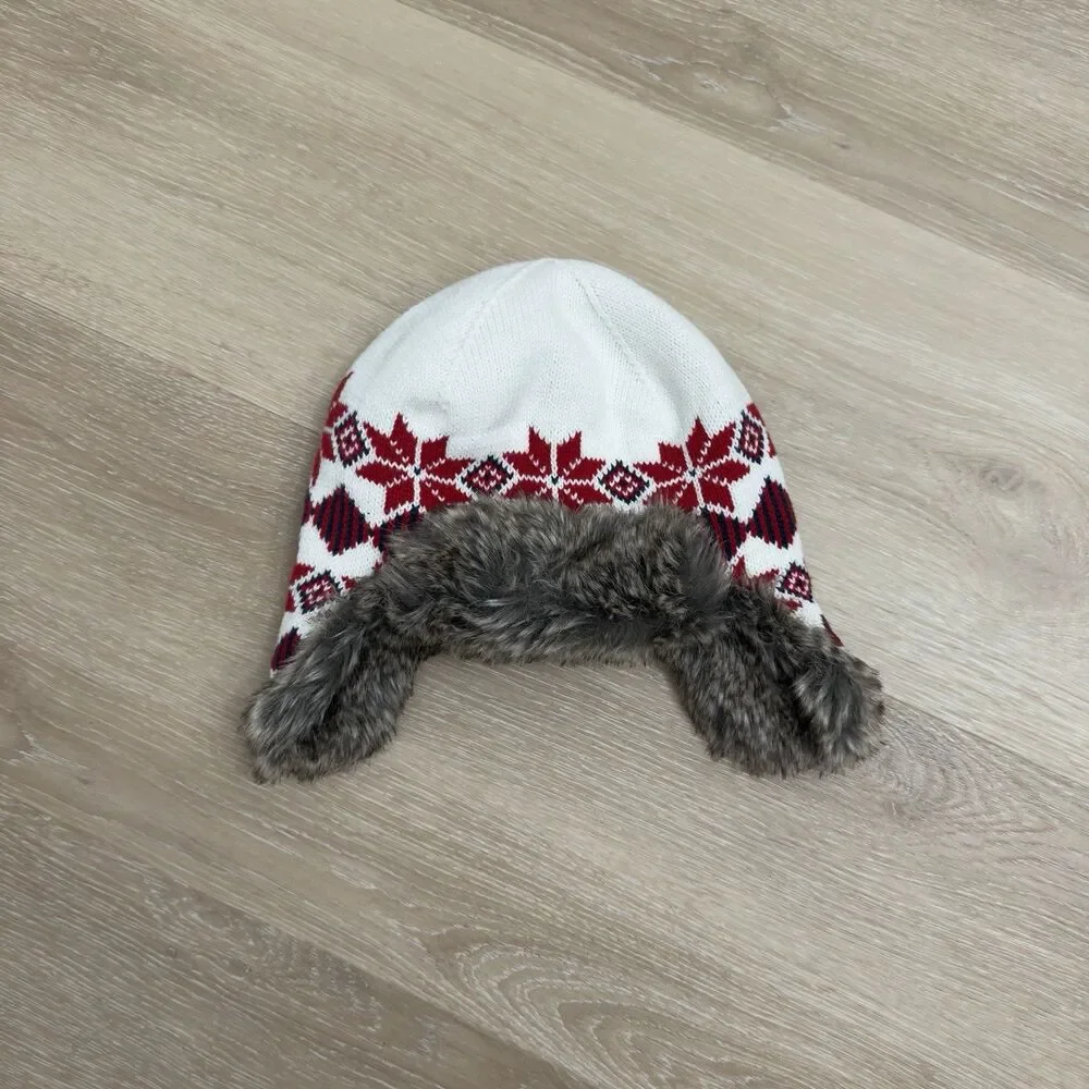 Janie & Jack Fair Isle Trapper Hat Faux Fur Knit Beanie 12-24M Holiday Red White